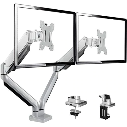 Perlegear Adjustable Dual Monitor Arm Mount Desk Stand Fits Two 13-27 inches Flat Curved Computer Screens, Silver