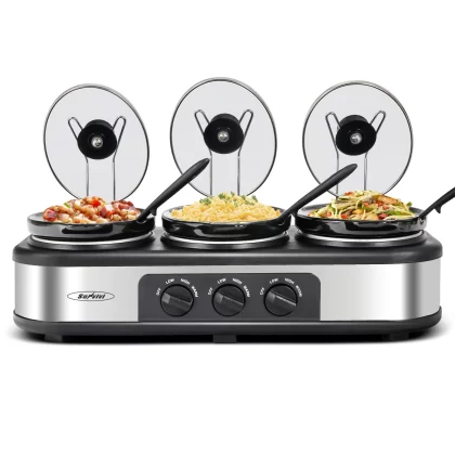 Royalcraft Triple Slow Cooker with 3 Spoons, 3 Pots 1.5 Quart Oval Crockpot Food Warmer Buffet Server