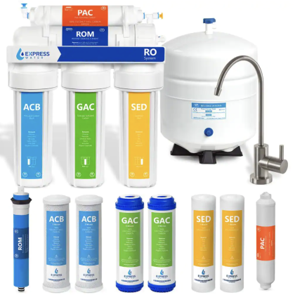 Express Water Reverse Osmosis 5 Stage Water Filtration System with Faucet, Tank, and 4 Replacement Filters, 100 GPD