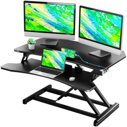 Abox Electric Standing Desk Converter with Wide Storage Keyboard Tray, 32'' Motorized Height Adjustable Stand Up Desk Riser