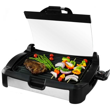 Ovente 2-in-1 1700W Electric Grill and Griddle with Removable Tempered Glass Cover, Black