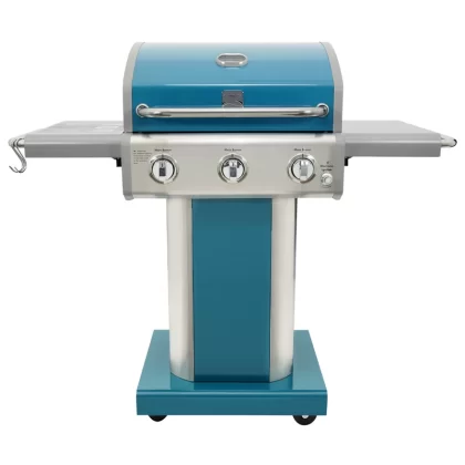 Kenmore 3-Burner Compact Liquid Propane Gas Grill with Foldable Side Tables, Teal