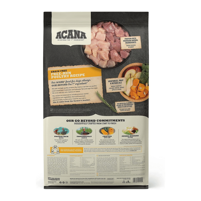 Acana Grain Free Dog Food, Free Run Poultry, Chicken, Turkey, Cage-Free Eggs, 25 Pounds