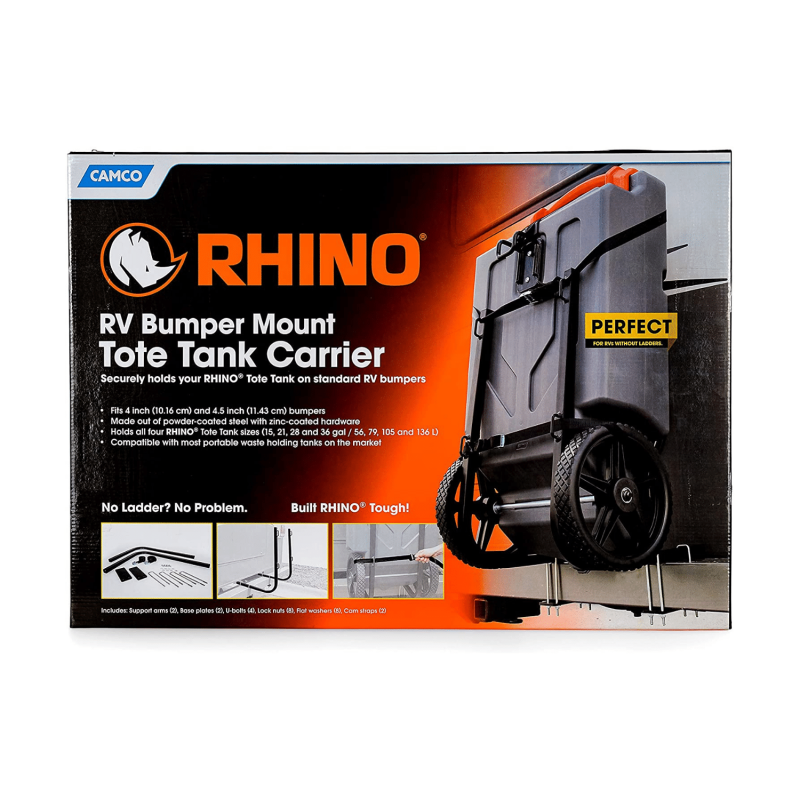 Camco Rhino Bumper Mount RV Tote Tank Carrier, Fits All Tote Tank Sizes: 15, 21, 28, & 36 Gallon
