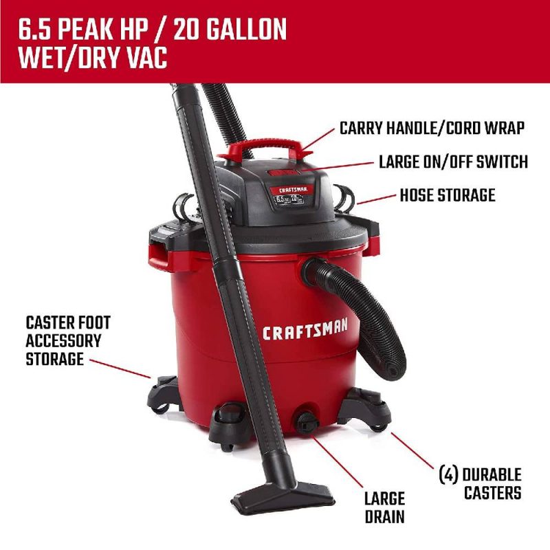 Craftsman 20 Gallon 6.5 Peak HP Wet/Dry Vac, Heavy-Duty Shop Vacuum With Attachments