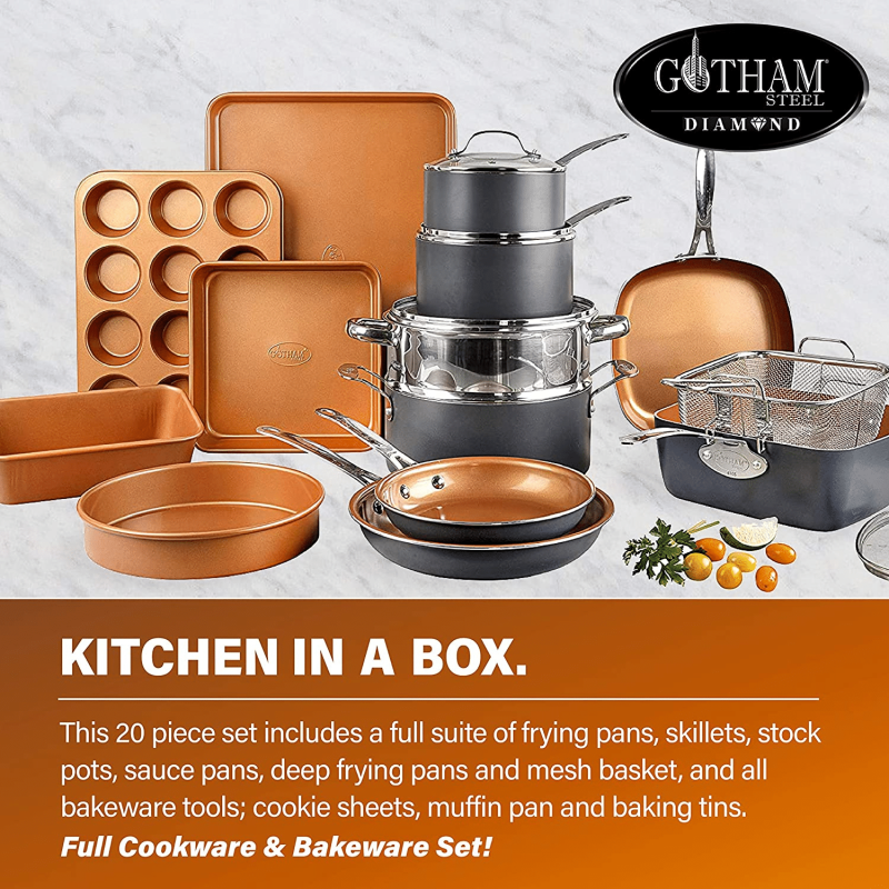 Gotham Steel 20 Piece Pots & Pans Set Complete Kitchen Cookware, Bakeware Set