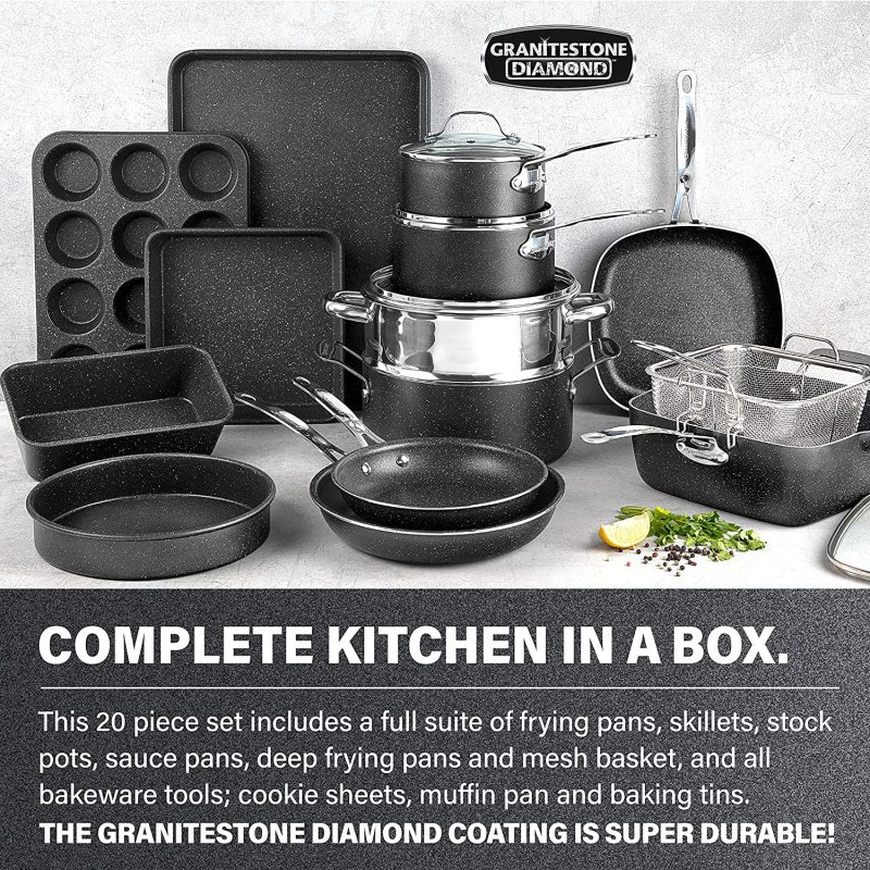 Granite Stone 20 Pcs Pots and Pans Set, Complete Cookware Bakeware Set