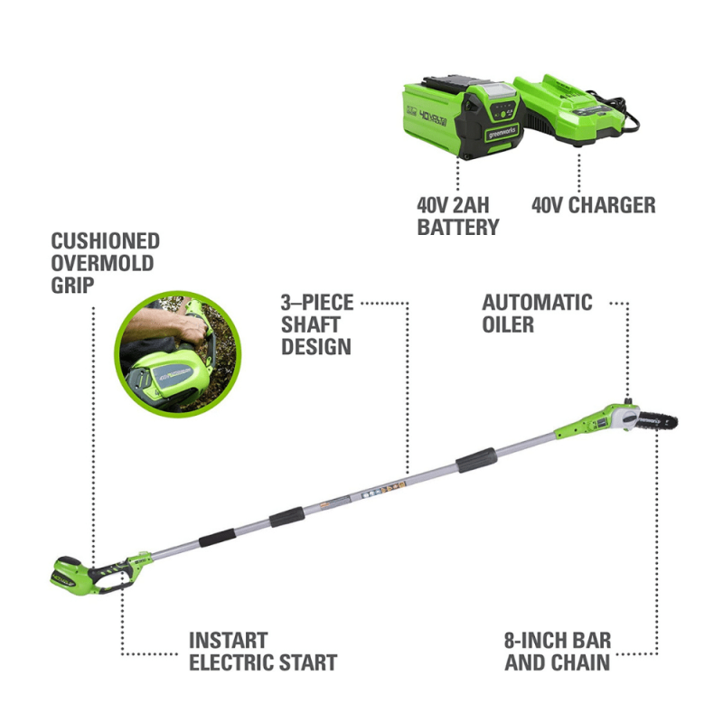 Greenworks 20672 40V 8-Inch Cordless Pole Saw, 2Ah Battery and Charger Included