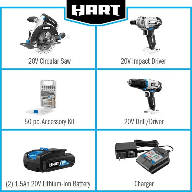 Hart 20-Volt 3-Tool Combo Kit With 50-Piece Accessory Kit, (2) 20-Volt 1.5Ah Lithium-Ion Batteries