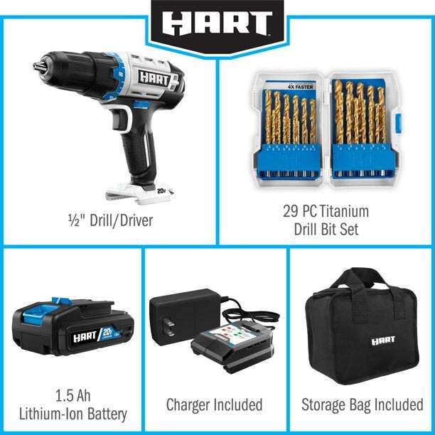 Hart 20-Volt Cordless 1/2-Inch Drill Kit With 29-Piece Accessory And 10-Inch Storage Bag