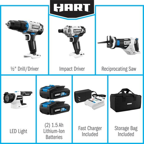 Hart 20-Volt Cordless 4-Tool Combo Kit, 2 1.5Ah Lithium-Ion Batteries, 16-Inch Storage Bag