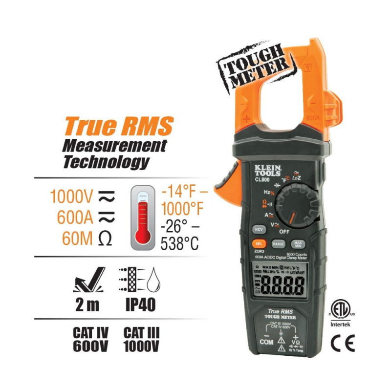 Klein Tools Electrical Tester, Digital Clamp Meter, AC Auto-Range TRMS