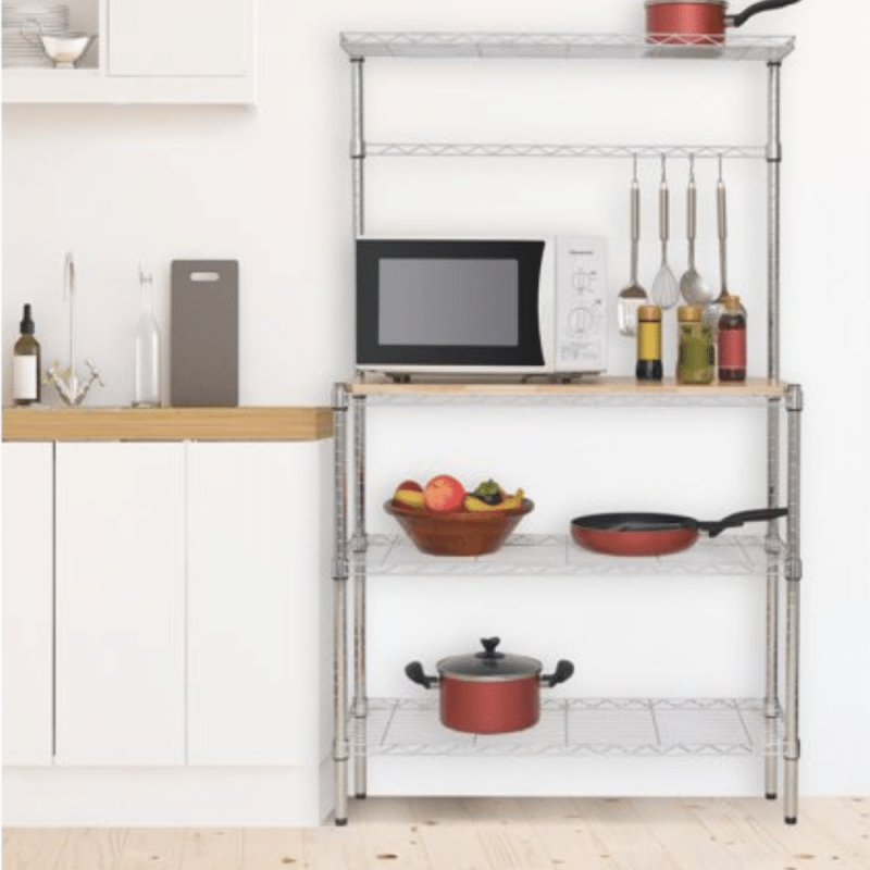 Mainstays Chrome Plated Silver Metal Baker's Rack With Wood Shelf