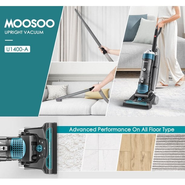 Moosoo U1400 20KPa Upright Vacuums Cleaner with Ultra-Long Hose, 5 Height Settings