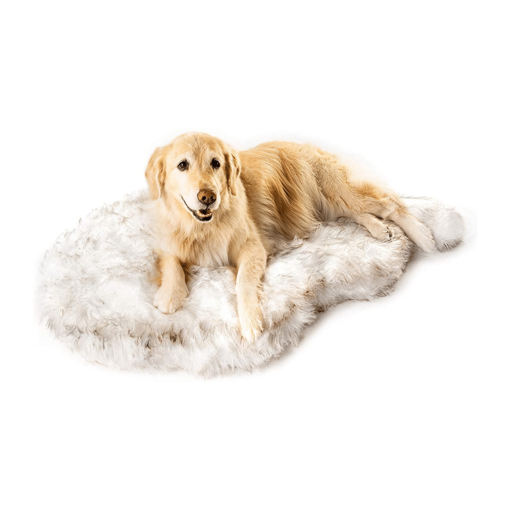 Paw Brands Puprug Faux Fur Memory Foam Orthopedic Dog Bed, Large/Extra Large 50x30, White Curve