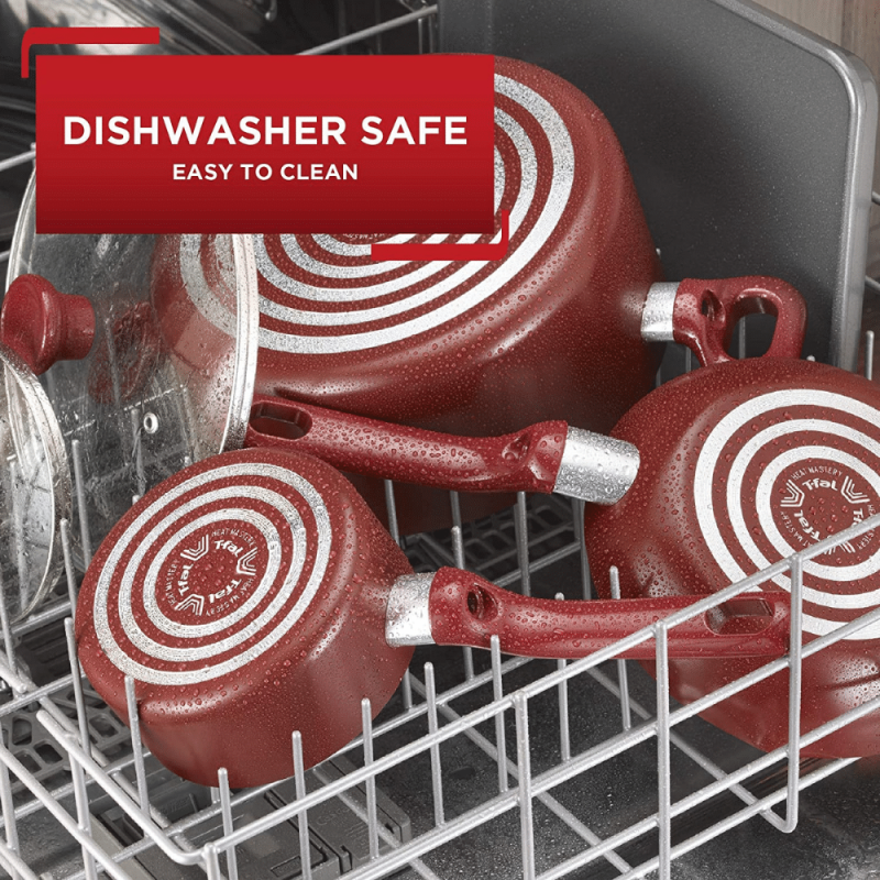 T-Fal Dishwasher Safe Cookware Set, 18 Piece, Red Initiatives Nonstick Inside