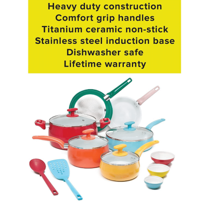 Tasty Ceramic Titanium-Reinforced Non-Stick 16-Piece Cookware Set, Multicolor
