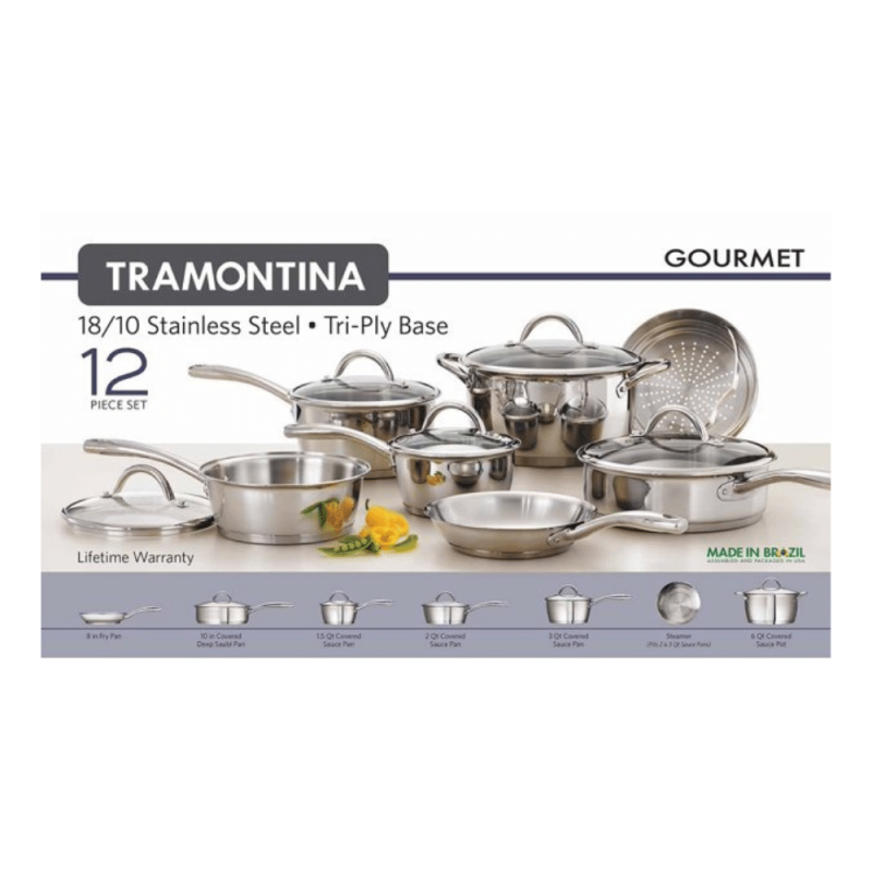 Tramontina Gourmet Stainless Steel Tri-Ply Base Cookware Set, 12 Piece
