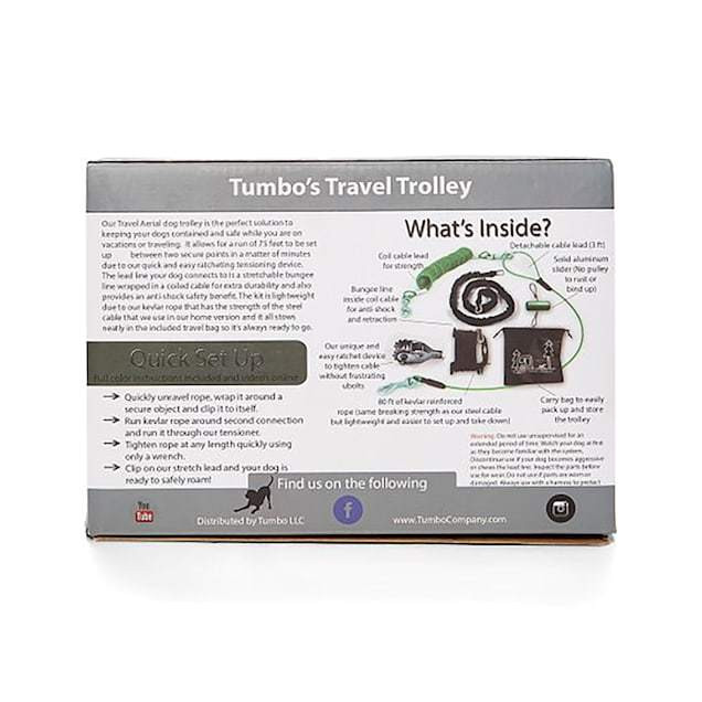 Tumbo Anti-Shock Travel Trolley Dog Tie-Out Zipline, 75Ft.