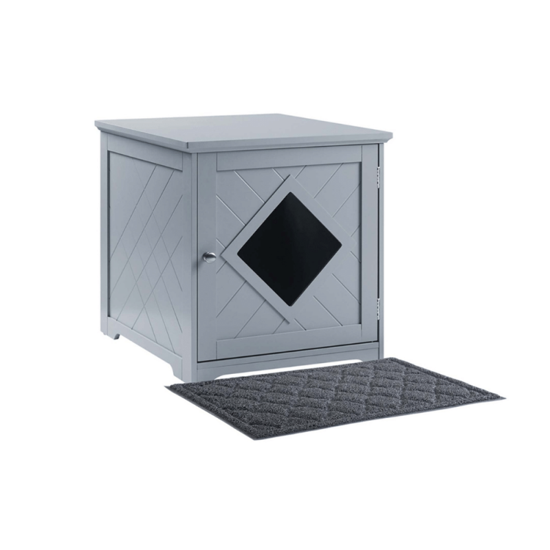 UniPaws Gray Wooden Cat Litter Box Cover With Mat