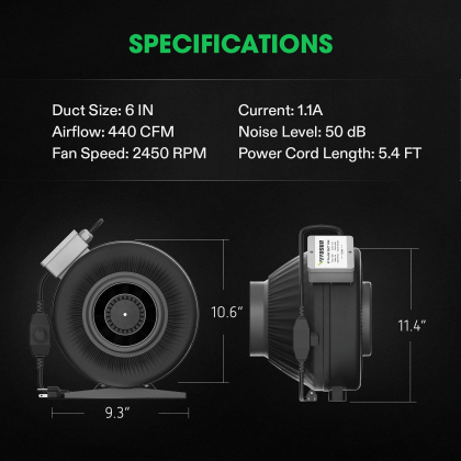 Vivosun 6 Inch 440 CFM Inline Fan With Speed Controller