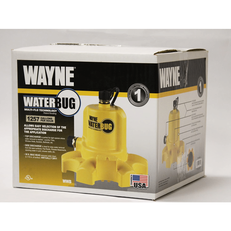 Wayne WWB WaterBUG 1/6 HP 1350 GPH Submersible Pump with Multi-Flow Technology