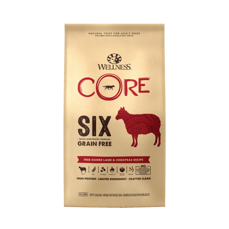 Wellness Core Six Free-Range Lamb with Chickpeas Recipe Dry Dog Food, 22 Pounds.