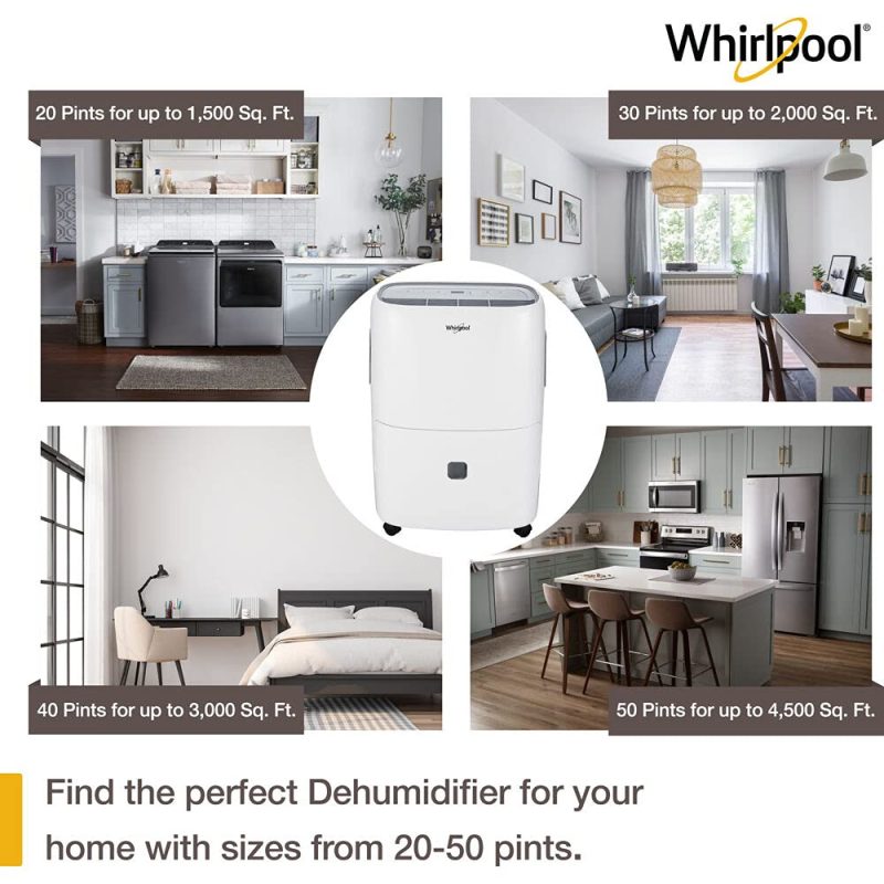 Whirlpool 30 Pint Portable Dehumidifier with Auto Shut-Off, Easy-Clean Filter (WHAD301CW)