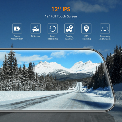 Wolfbox 12“ Mirror Dash Cam Backup Camera, 1296P Full HD Smart Rearview Mirror