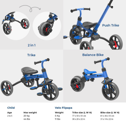 Yvolution Y Velo Flippa 3 In 1 Toddler Trike to Balance Bike, Blue