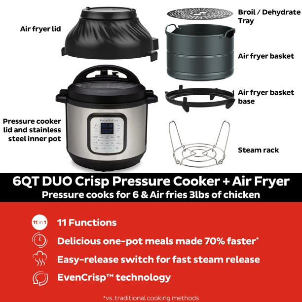 Instant Pot, 6-Quart Duo Crisp, Air Fryer, Small Pressure Cooker, Roast Bake, Dehydrate & More