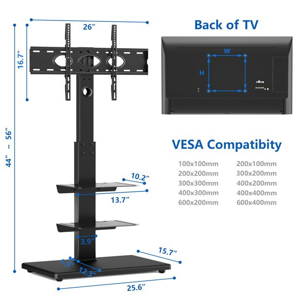 Rfiver Modern Black Floor TV Stand With Swivel Mount For 32 To 65 Inch TVs