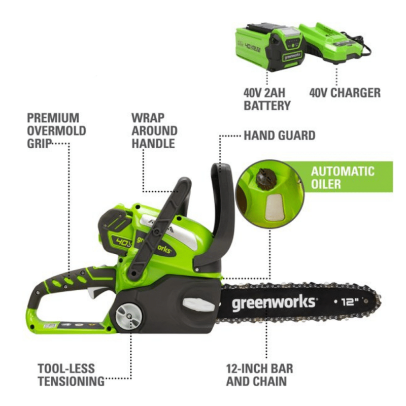 Greenworks 40V 12-inch Cordless Chainsaw with 2.0 Ah Battery and Charger