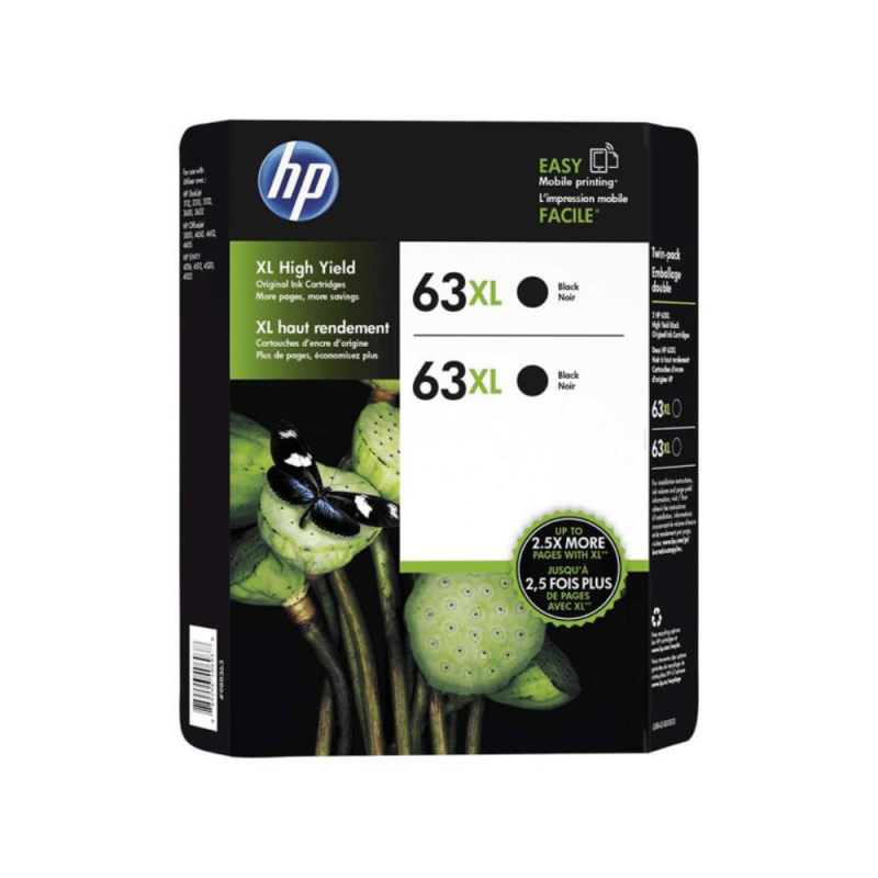 HP 63XL High Yield Original Ink Cartridge, Black (2 Pack, 480 Page Yield)