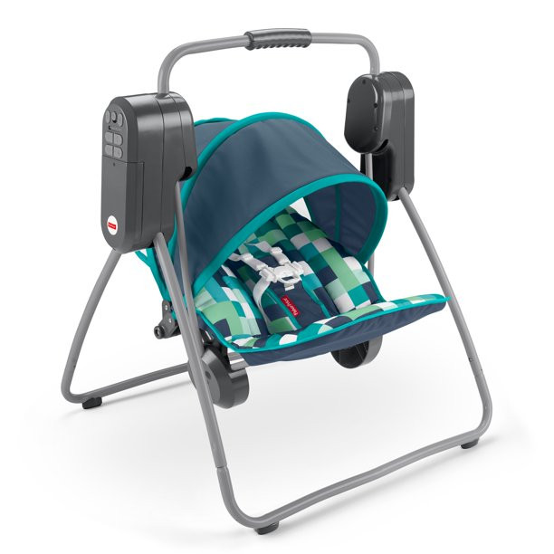 Fisher-Price On-The-Go Baby Swing, 6 Swinging Speeds And Canopy, Blue Check