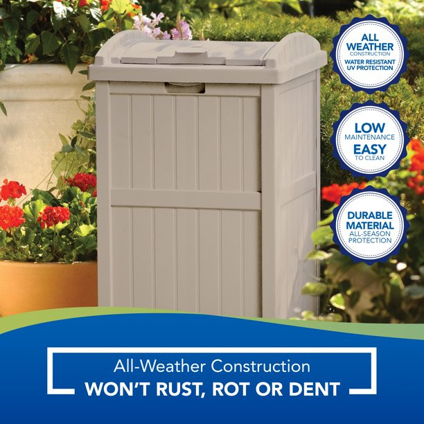 Suncast Outdoor Hideaway Trash Container for Patio, Taupe, 33 Gallon