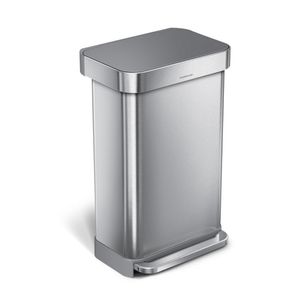 Simplehuman 45 Liter Rectangular Hands-Free Kitchen Step Trash Can with Soft-Close Lid, Brushed Stainless Steel with Plastic Lid