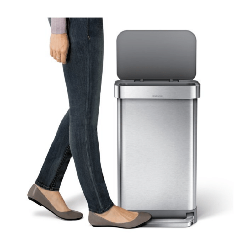 Simplehuman 45 Liter Rectangular Hands-Free Kitchen Step Trash Can with Soft-Close Lid, Brushed Stainless Steel with Plastic Lid