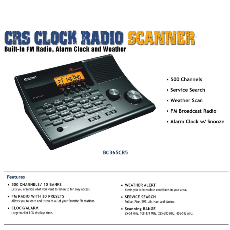 Uniden BC365CRS Alarm Clock 500-Channel Radio Scanner With Weather Alert