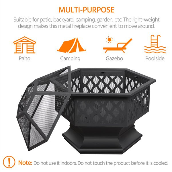 Easyfashion Heavy Duty Metal Fire Pit Hexagon Stove with Poker for Outdoor, Black