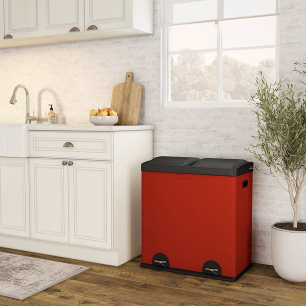 Step N' Sort 2 Compartment Kitchen Garbage Can & Recycling Bin, Red, 16 gal