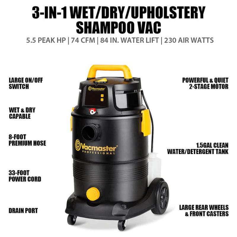 Vacmaster Professional 3-In-1 Wet/Dry/Upholstery Shampoo Vacuum Cleaner, 8-Gallons, 5.5 Peak HP