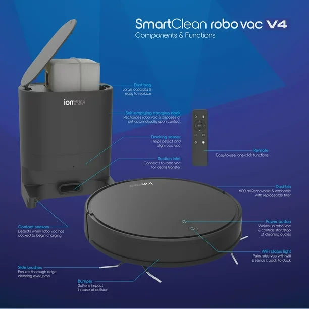 IonVac SmartClean V4 - Self Emptying Robot Vacuum with Smart Path Navigation
