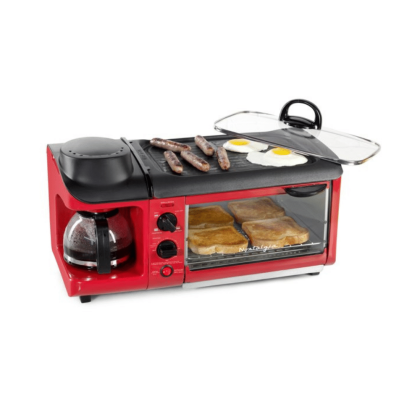 Nostalgia Retro 3-in-1 Family Size Electric Breakfast Station, Coffeemaker, Griddle, Toaster Oven, Retro Red