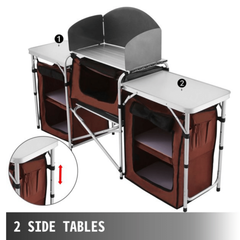 Vevor Portable Camping Kitchen Table with 3 Storage Organizer, Aluminum Windscreen Folding Cooking Table