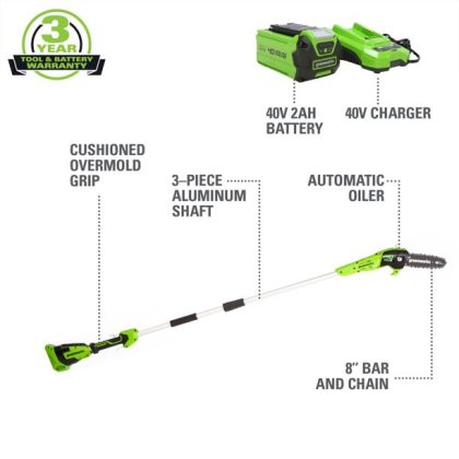 Greenworks 40V 8-inch Cordless Pole Saw With 2.0 Ah Battery And Charger