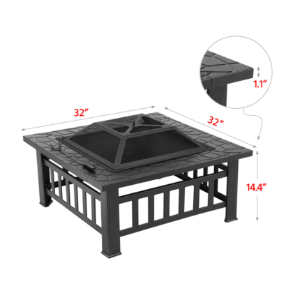 Easyfashion Outdoor 32-Inch Square Metal Fire Pit with Cover and Poker, Black