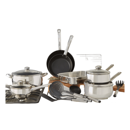 BrylaneHome 18-Pc. Belly Shaped 18/10 Stainless Steel Cookware Set