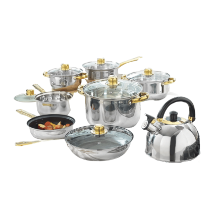 BrylaneHome 14-PC. Stainless Steel Cookware Set with Gold Accents