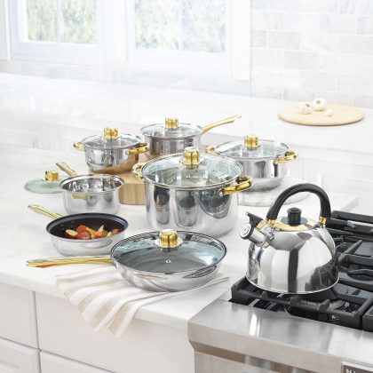 BrylaneHome 14-PC. Stainless Steel Cookware Set with Gold Accents